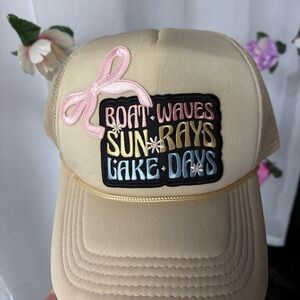Beige Trucker Hat with Pink Bow & Colorful Patch
